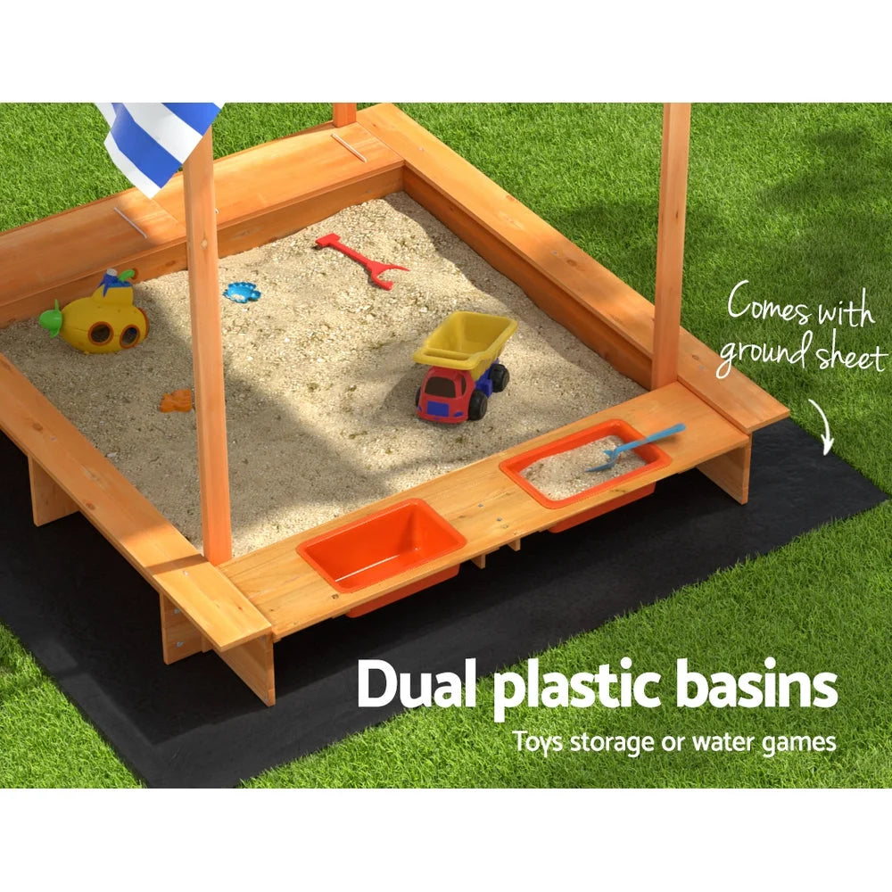 Kids Sandpit Wooden Sandbox Sand Pit with Canopy Water