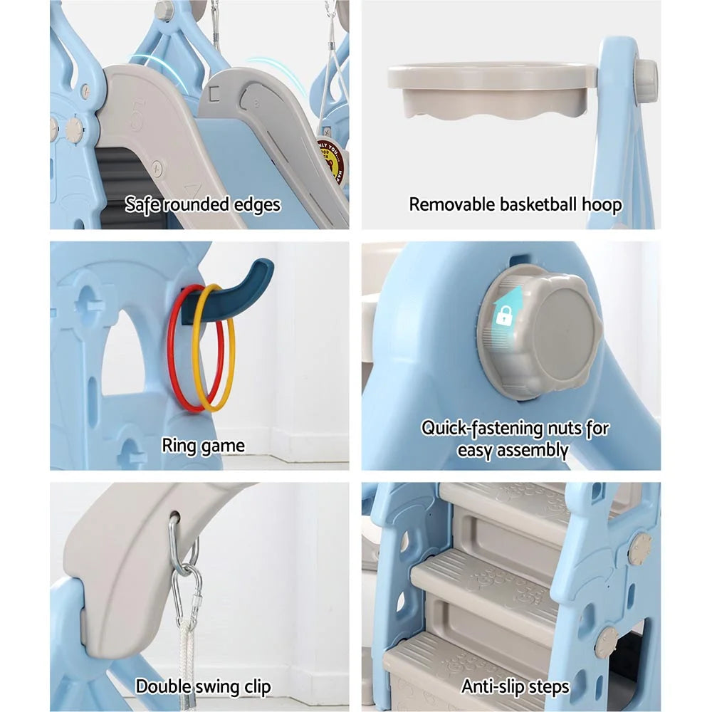 Kids Slide Swing Set Basketball Hoop Rings Outdoor