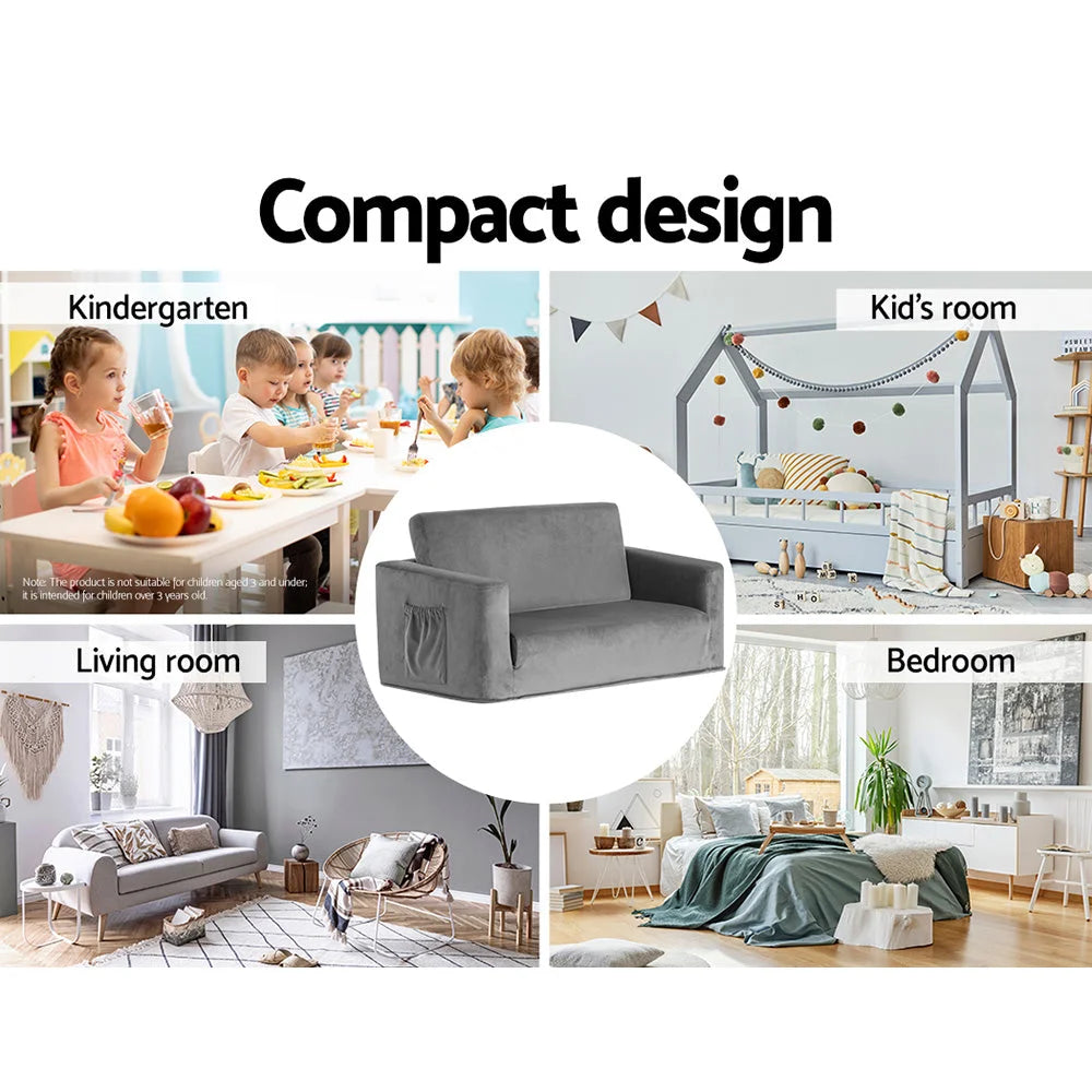 Kids Sofa 2 Seater Chair Flip Open Couch Armchair - Grey