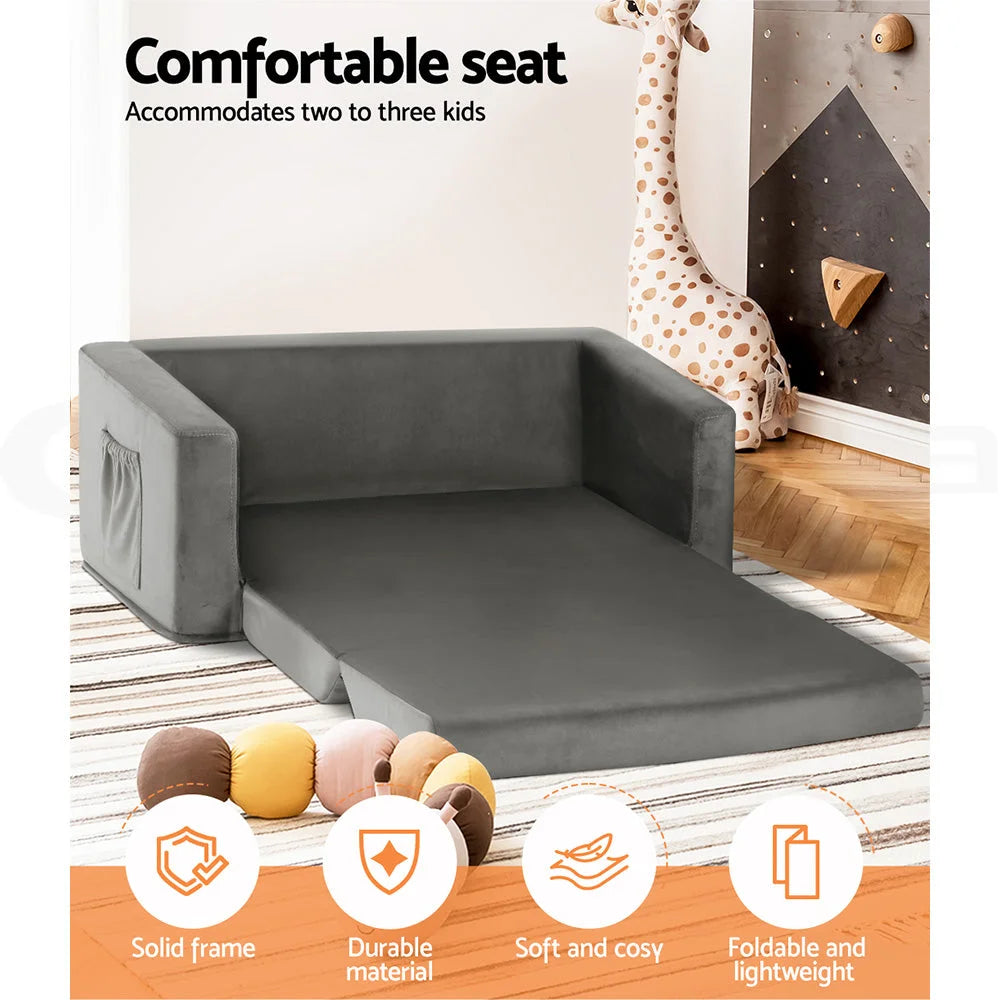 Kids Sofa 2 Seater Chair Flip Open Couch Armchair - Grey