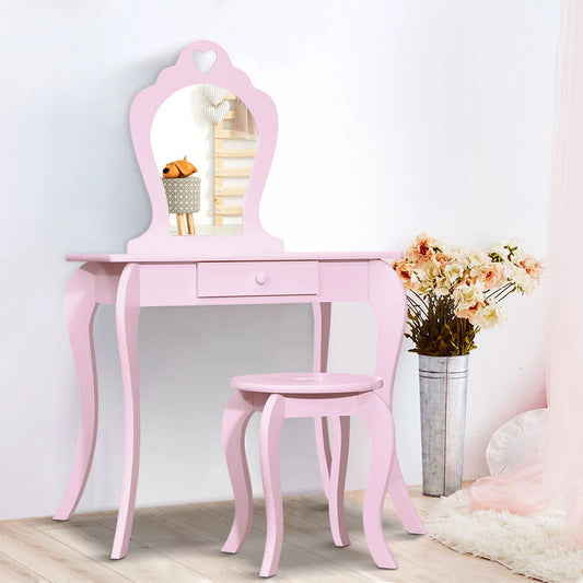 Kids Vanity Dressing Table Stool Set Mirror Princess Makeup