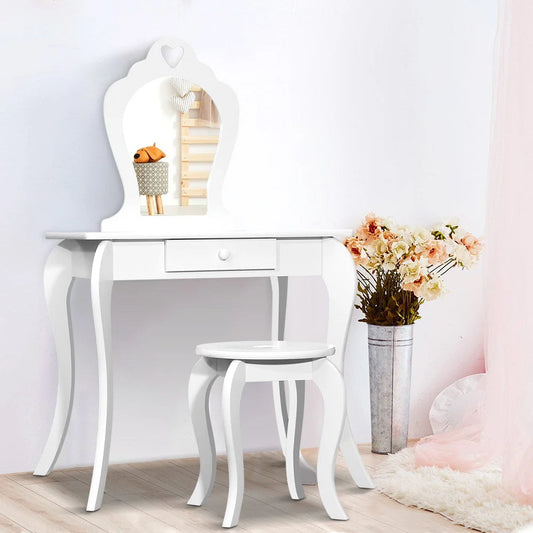 Kids Vanity Dressing Table Stool Set Mirror Princess Makeup