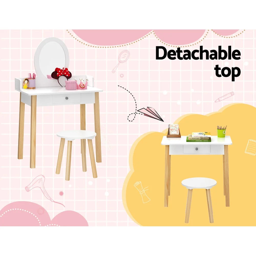 Kids Vanity Makeup Dressing Table Chair Set with Wooden Leg