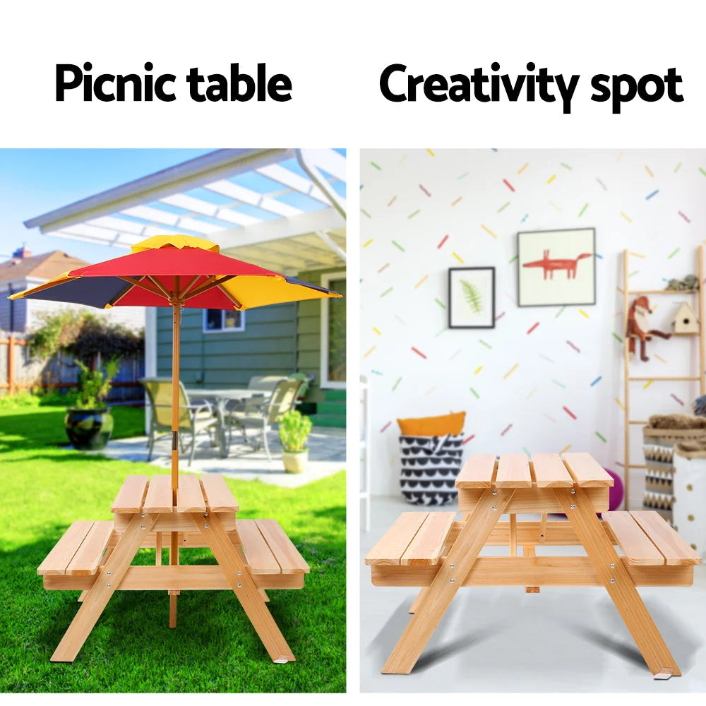 Kids Wooden Picnic Table Set with Umbrella - Furniture