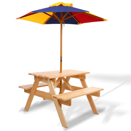Kids Wooden Picnic Table Set with Umbrella - Furniture