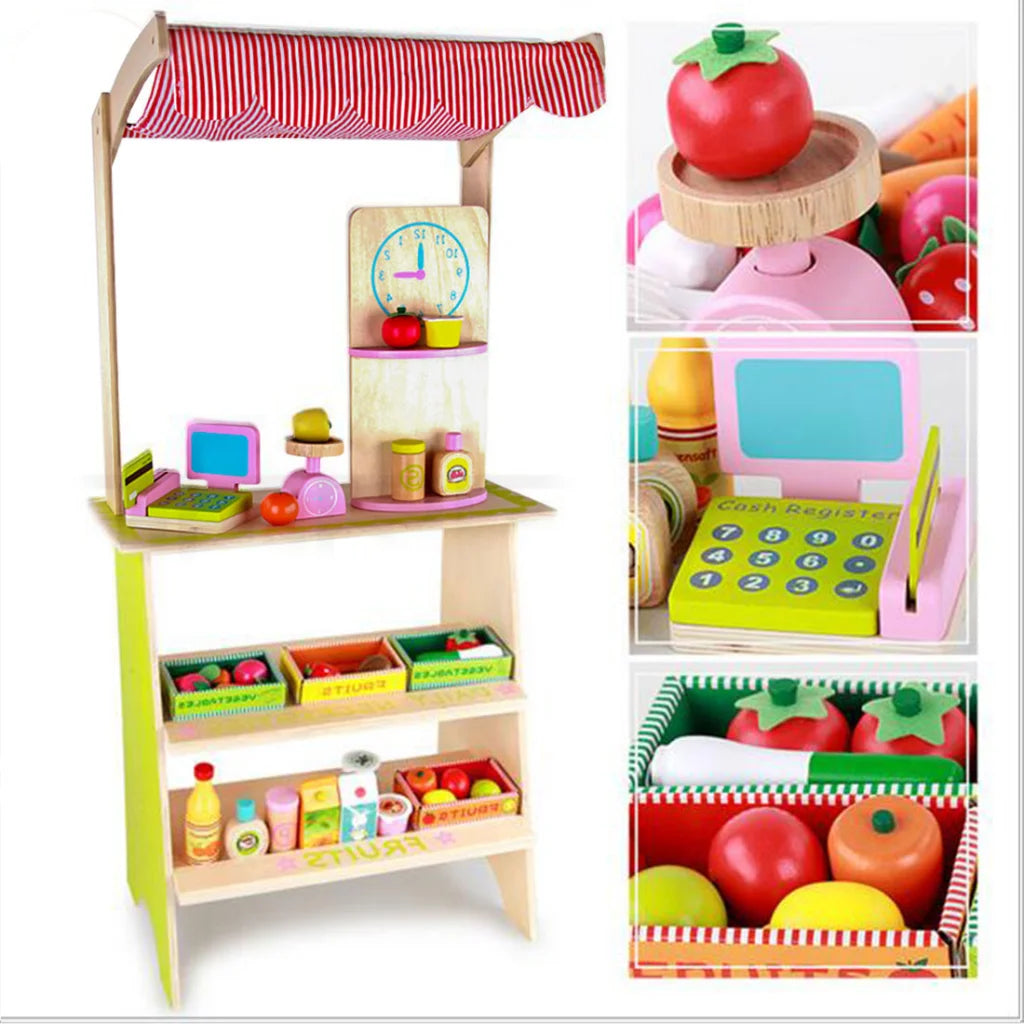 Kids Wooden Toy Pretend Play Marketplace Stand Fruit Veg