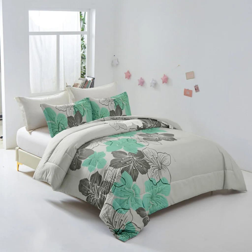 King Size Floral Comforter Set 3-Piece Green Floral