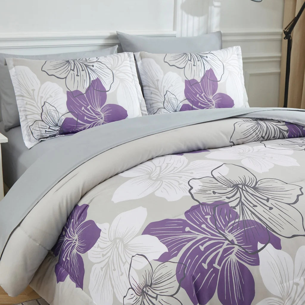 King Size Floral Comforter Set 3-Piece Purple Floral