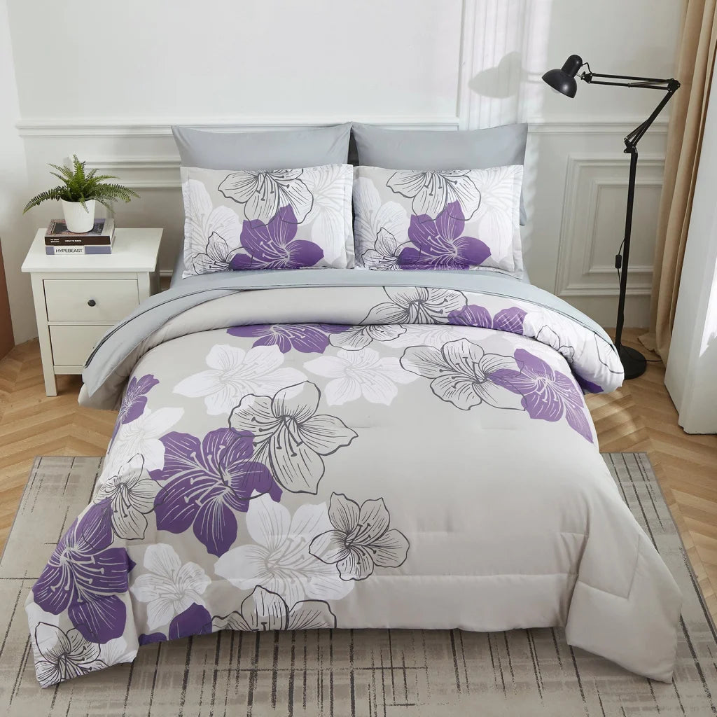 King Size Floral Comforter Set 3-Piece Purple Floral