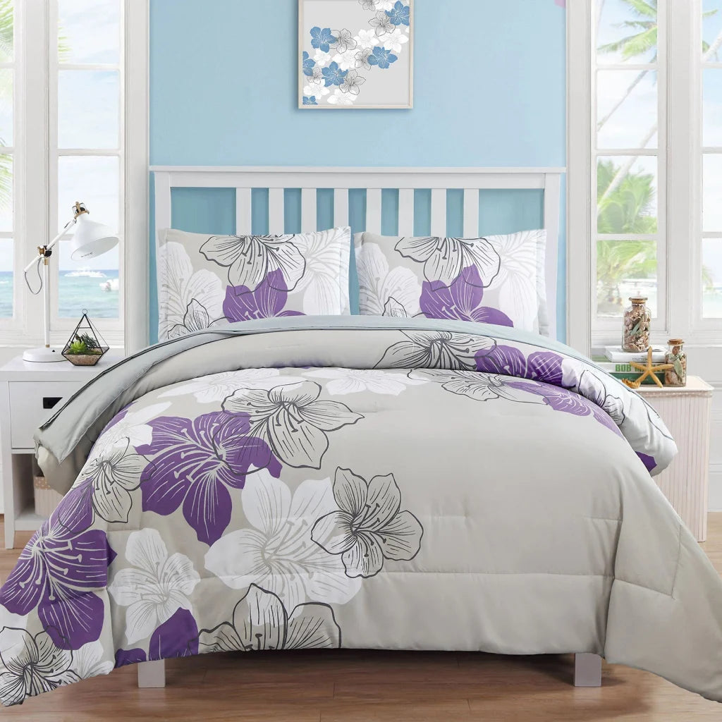 King Size Floral Comforter Set 3-Piece Purple Floral