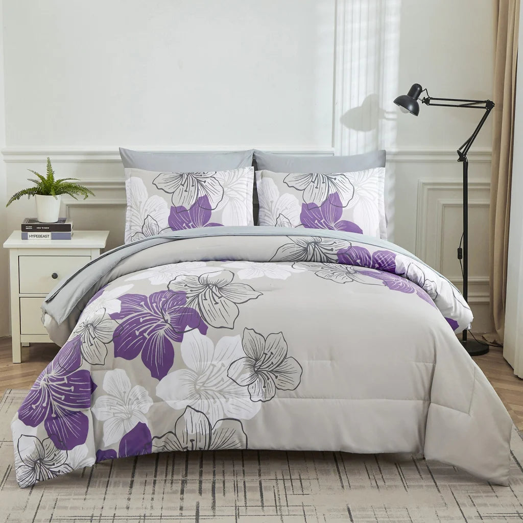 King Size Floral Comforter Set 3-Piece Purple Floral
