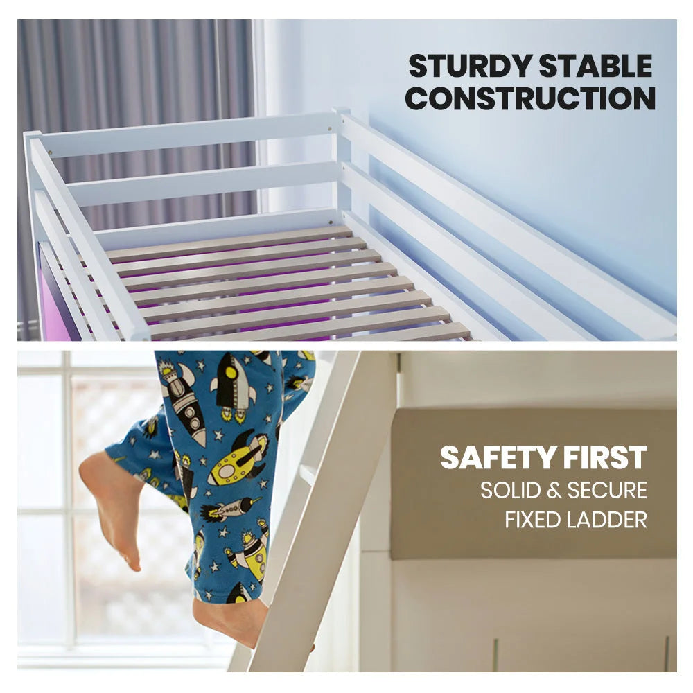 Kingston Slumber Wooden Kids Single Loft Bed Frame - Hiding