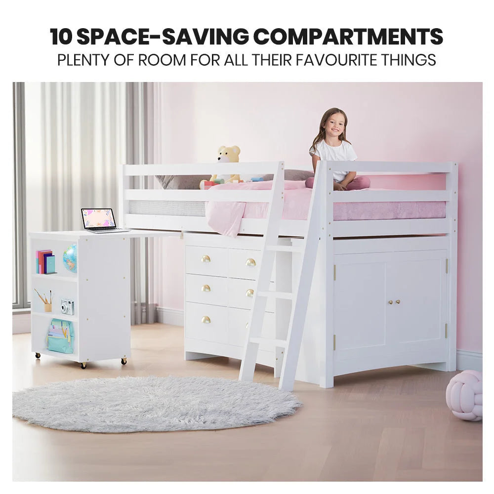 KINGSTON SLUMBER Wooden Kids Single Loft Bed Frame