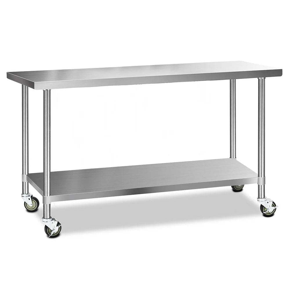 Kitchen benches stainless with caster wheels and side handle rail