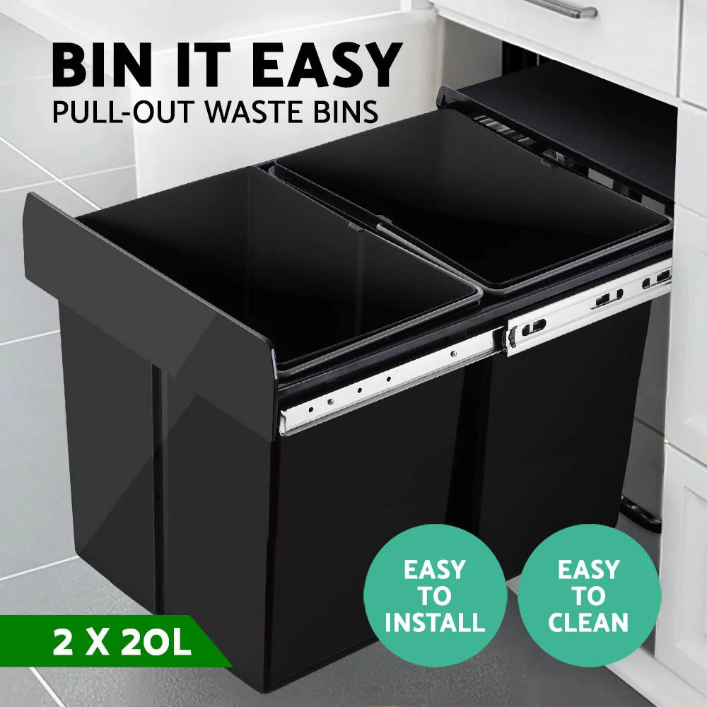 Kitchen Pull Out Bin 2x20L - Black