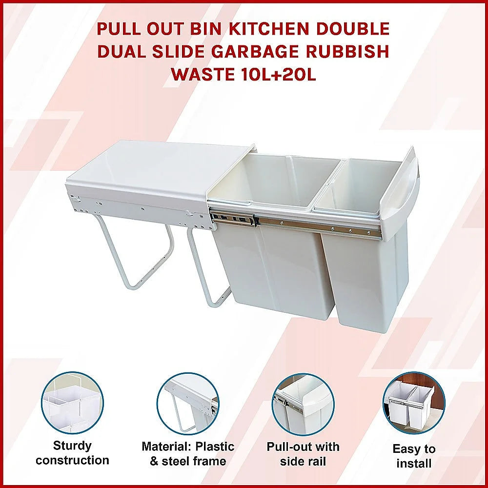 Kitchen Pull Out Bin Double Slide Garbage Rubbish Waste 10L