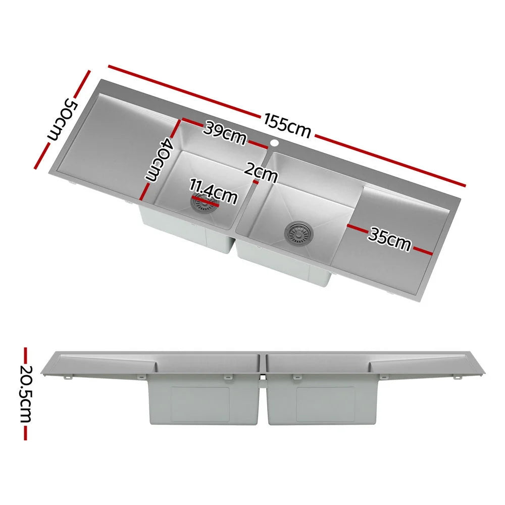 Steel 155x50cm kitchen sink with topmount sink edge and twin bowls