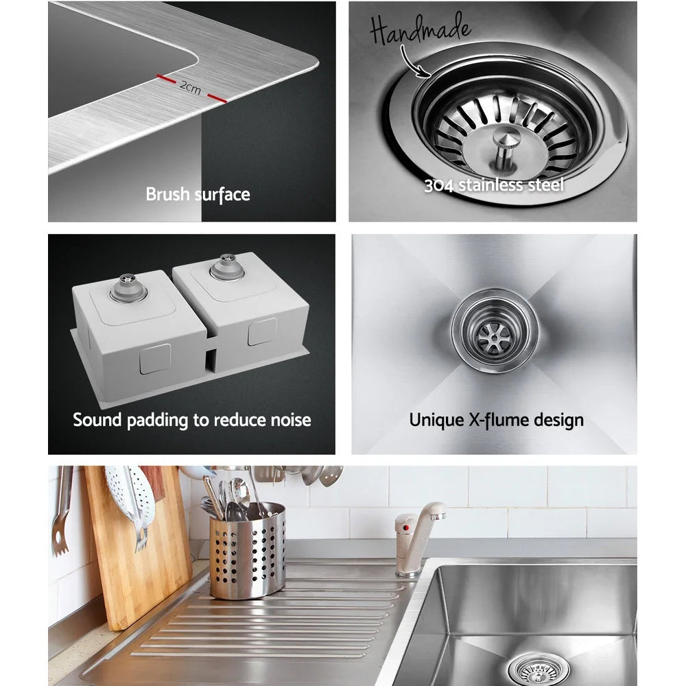 Silver steel 865x440mm kitchen sink with stainless steel double bowl and drain board