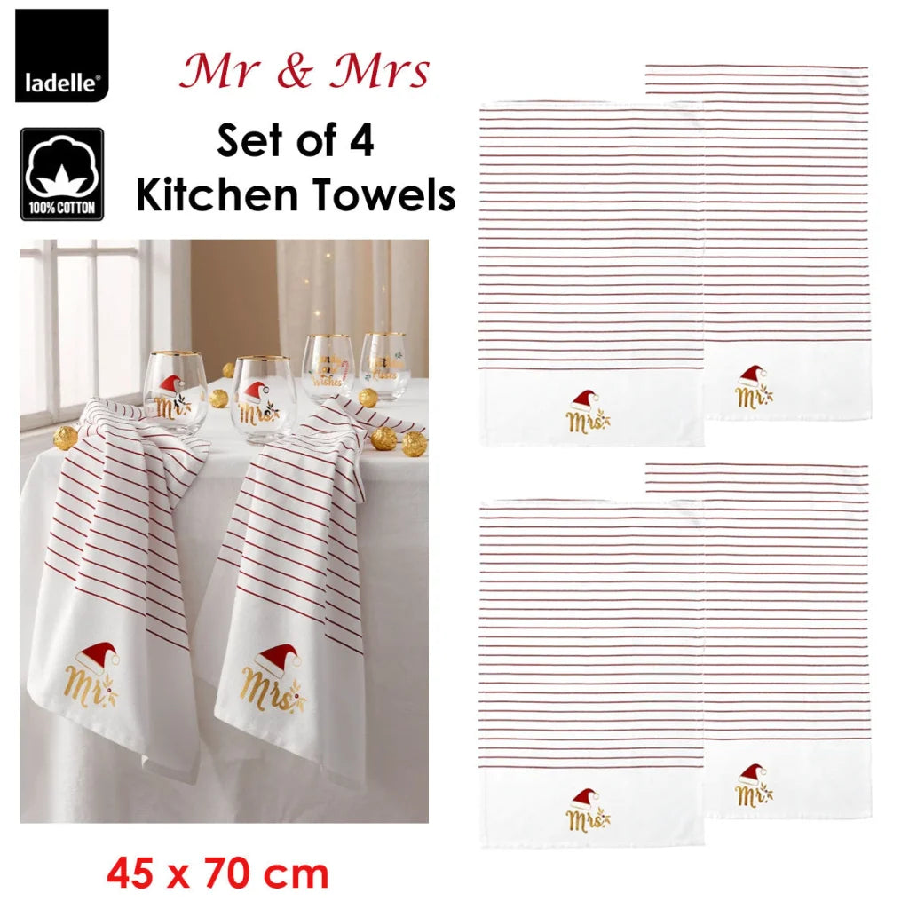 Kitchen Tea Towels Set of 4 Ladelle Mr & Mrs Christmas Hat