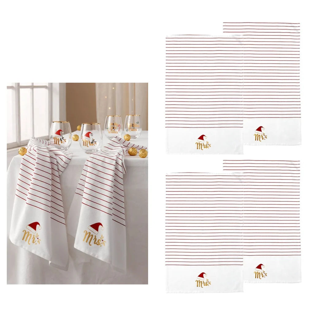 Kitchen Tea Towels Set of 4 Ladelle Mr & Mrs Christmas Hat
