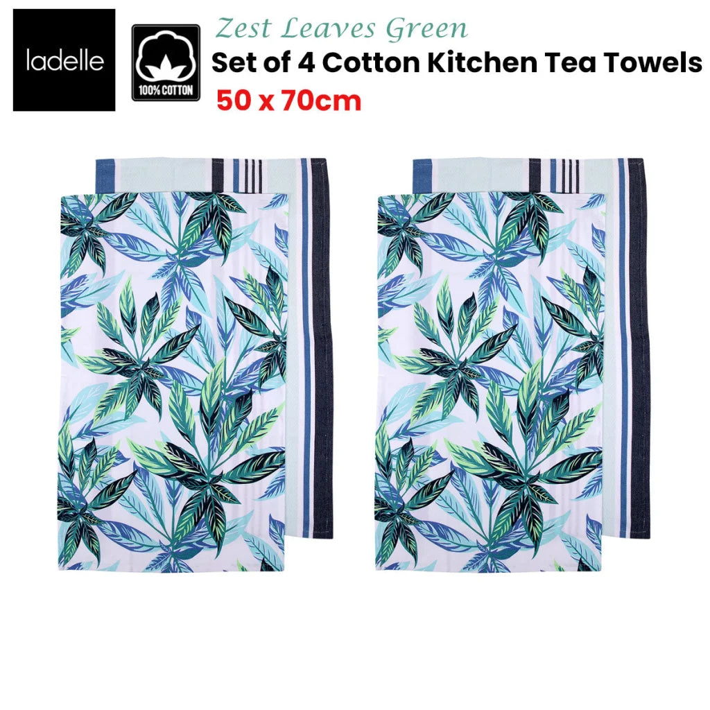 Kitchen Tea Towels Set of 4 Ladelle Zest Leaves Green