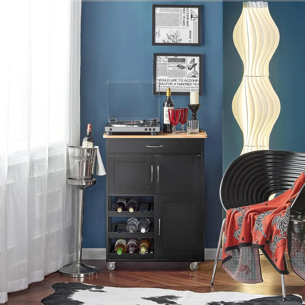 Kitchen Trolley with Bottle Rack Drawer Cabinet - Home &