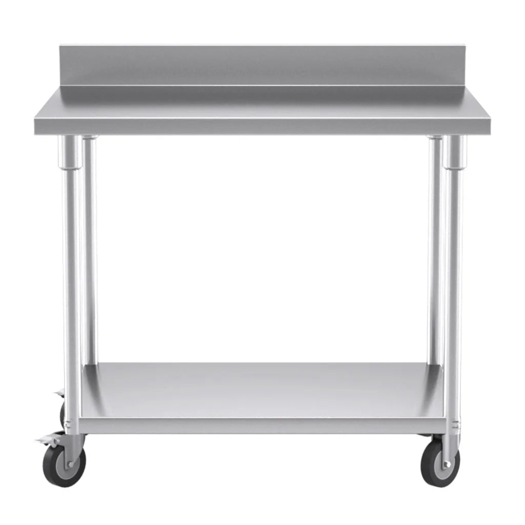 Kitchen Work Bench Premium 100cm Commercial Catering Stainless Steel Prep Table with Backsplash and Caster Wheels