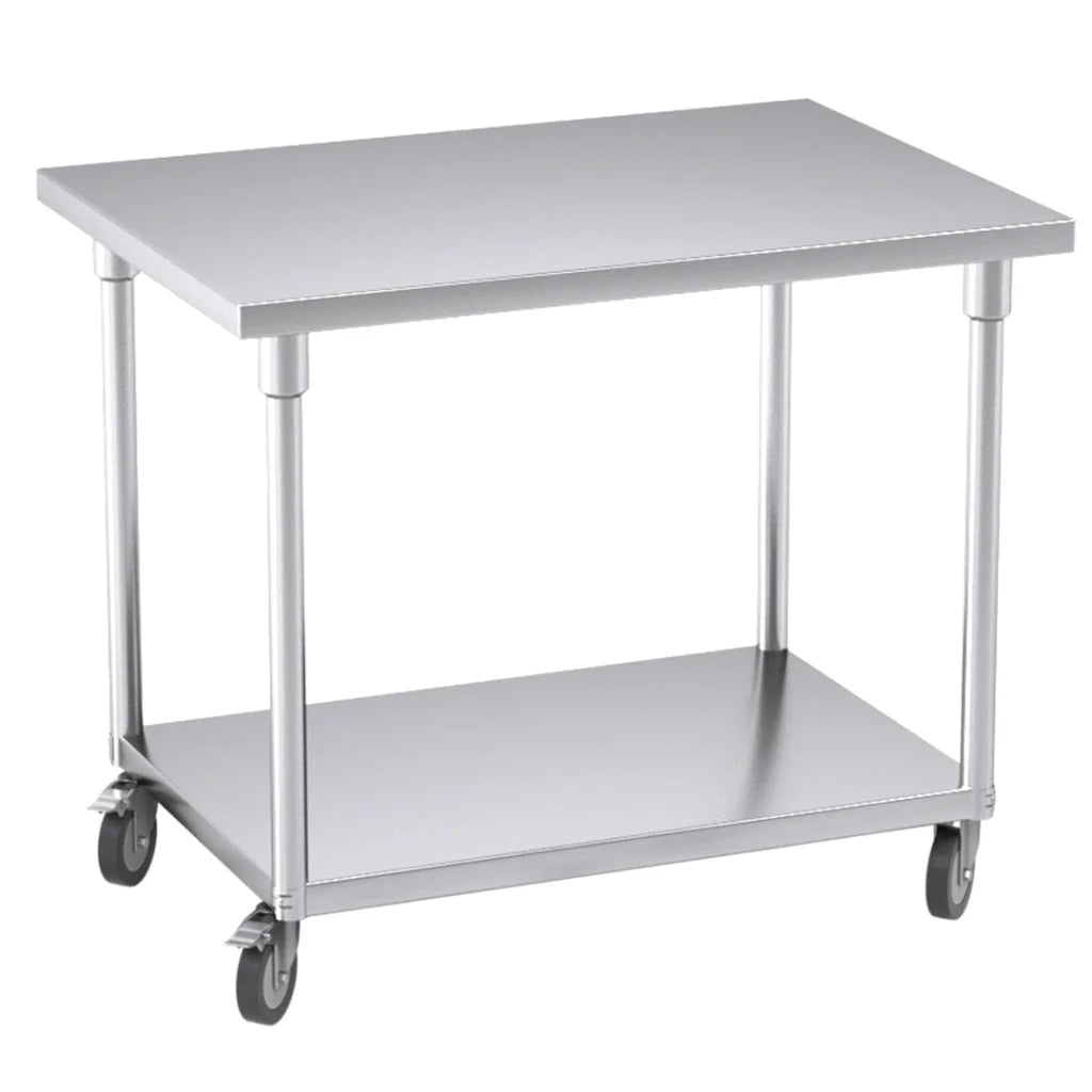 Kitchen Work Bench Premium 100cm Commercial Catering Stainless Steel Prep Table with Wheels