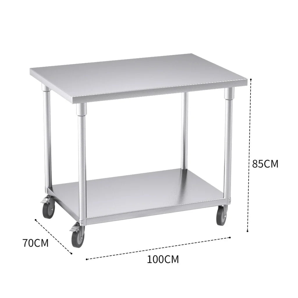Kitchen Work Bench Premium 100cm Commercial Catering Stainless Steel Prep Table with Wheels