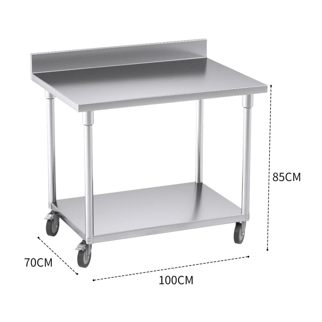 Kitchen Work Bench Premium 100cm Commercial Catering Stainless Steel Prep Table with Backsplash and Caster Wheels