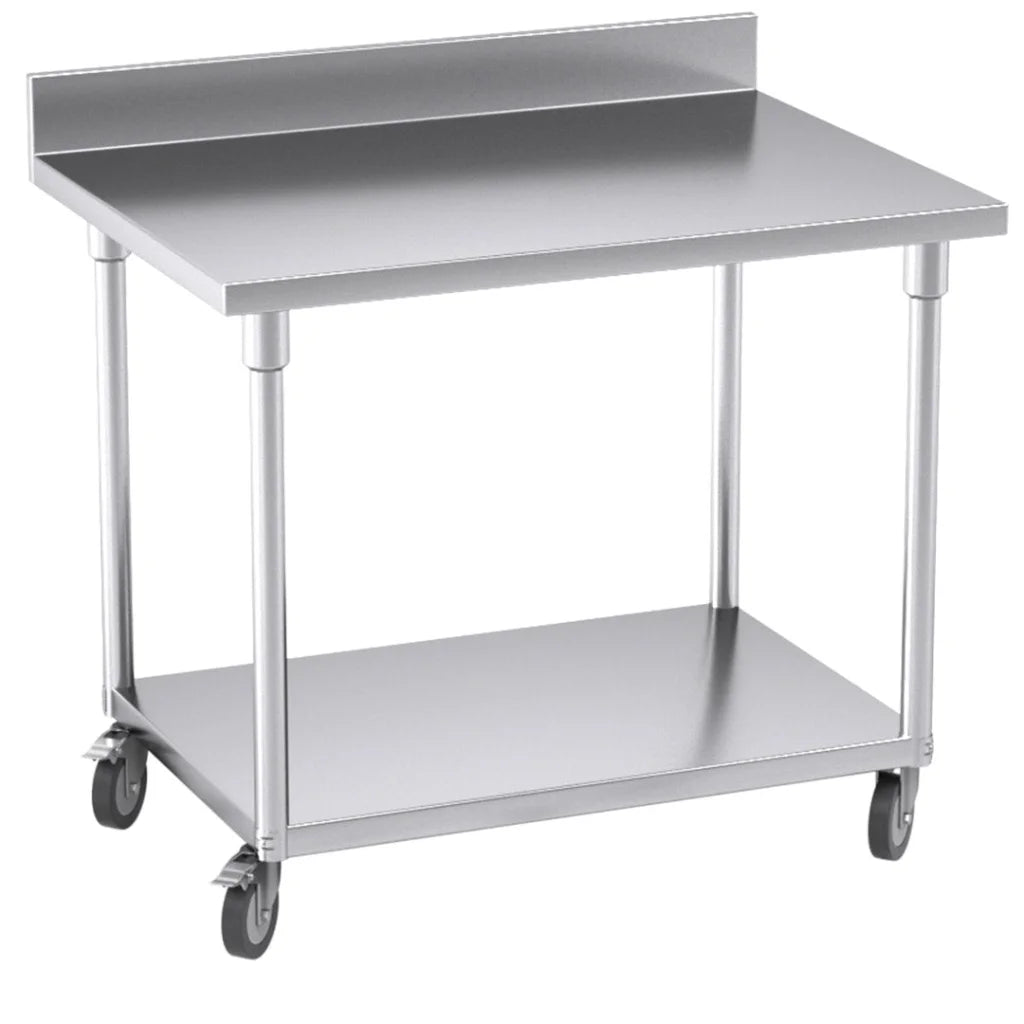 Kitchen Work Bench Premium 100cm Commercial Catering Stainless Steel Prep Table with Backsplash and Caster Wheels