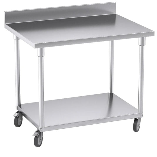 Kitchen Work Bench Premium 100cm Commercial Catering Stainless Steel Prep Table with Backsplash and Caster Wheels