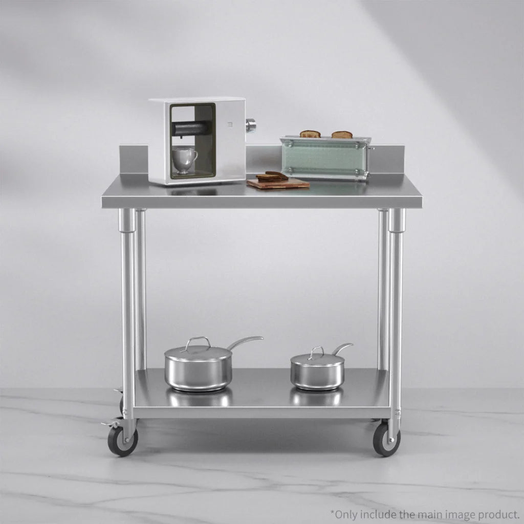 Kitchen Work Bench Premium 100cm Commercial Catering Stainless Steel Prep Table with Backsplash and Caster Wheels