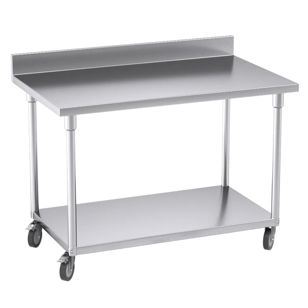 Kitchen Work Bench Premium 120cm Commercial Catering Stainless Steel Prep Table with Backsplash and Caster Wheels