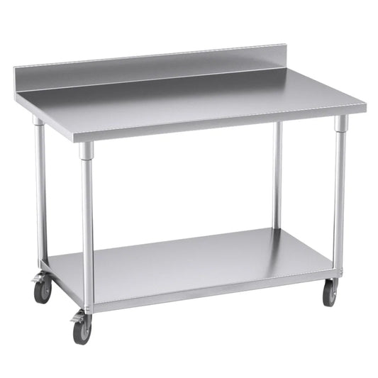 Kitchen Work Bench Premium 120cm Commercial Catering Stainless Steel Prep Table with Backsplash and Caster Wheels