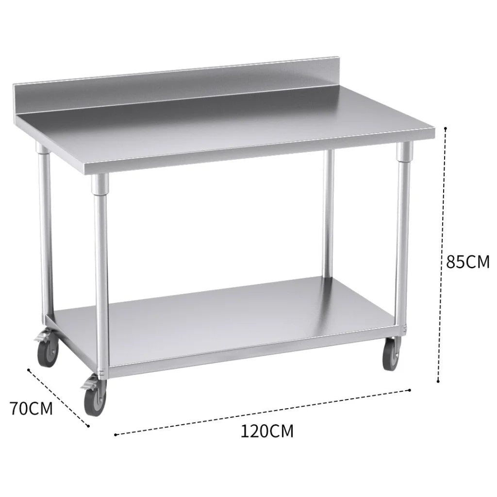 Kitchen Work Bench Premium 120cm Commercial Catering Stainless Steel Prep Table with Backsplash and Caster Wheels