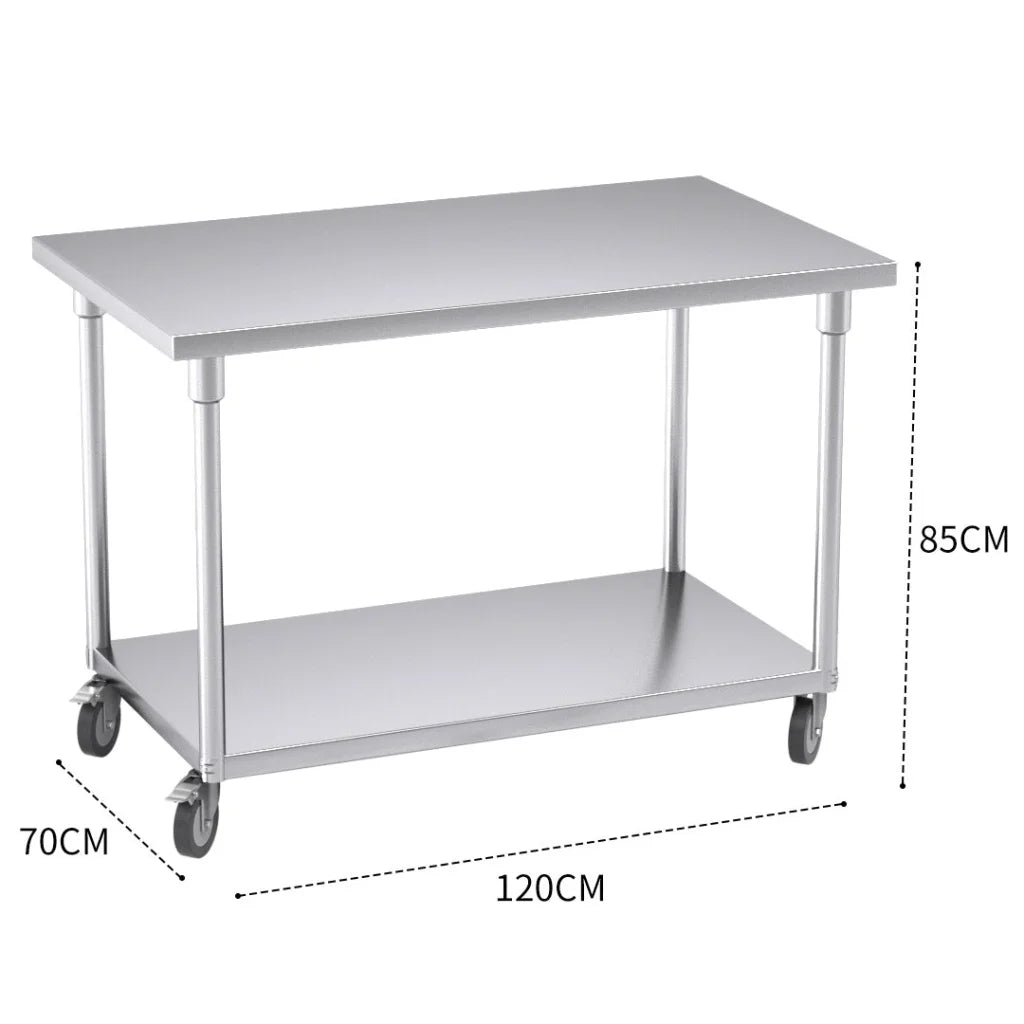 Kitchen Work Bench Premium 120cm Commercial Catering Stainless Steel Prep Table with Wheels