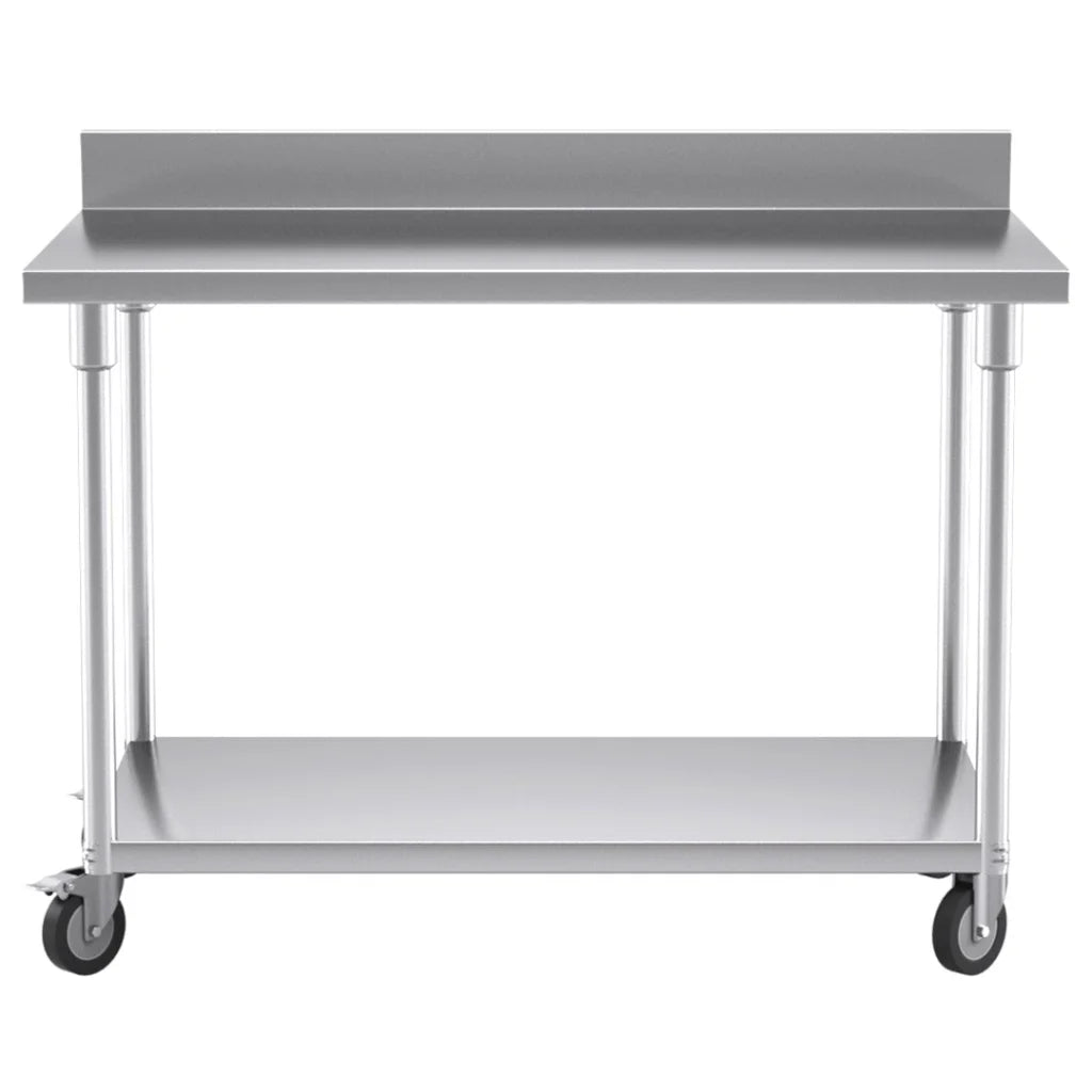 Kitchen Work Bench Premium 120cm Commercial Catering Stainless Steel Prep Table with Backsplash and Caster Wheels