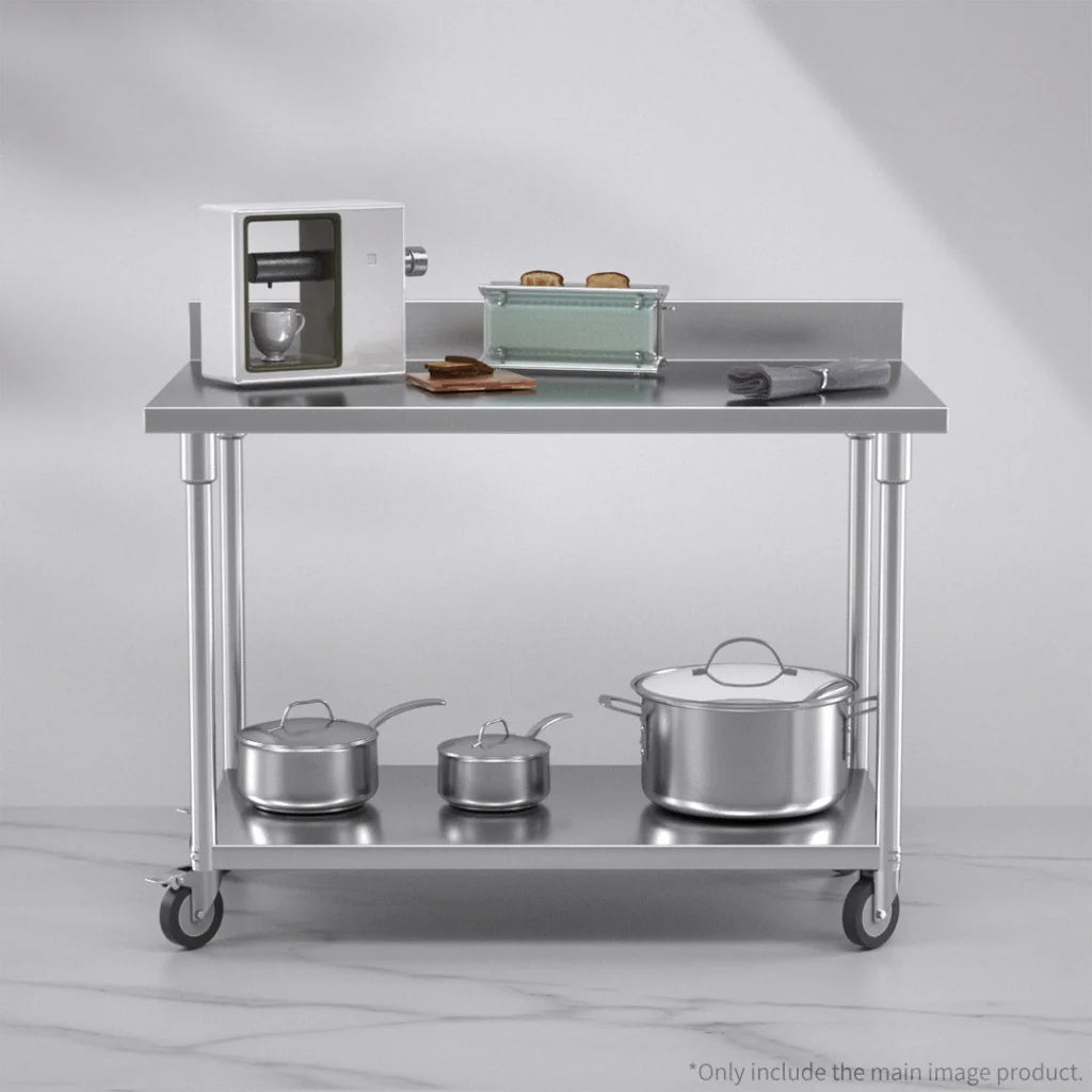 Kitchen Work Bench Premium 120cm Commercial Catering Stainless Steel Prep Table with Backsplash and Caster Wheels