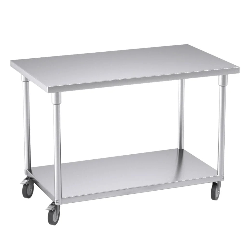 Kitchen Work Bench Premium 120cm Commercial Catering Stainless Steel Prep Table with Wheels
