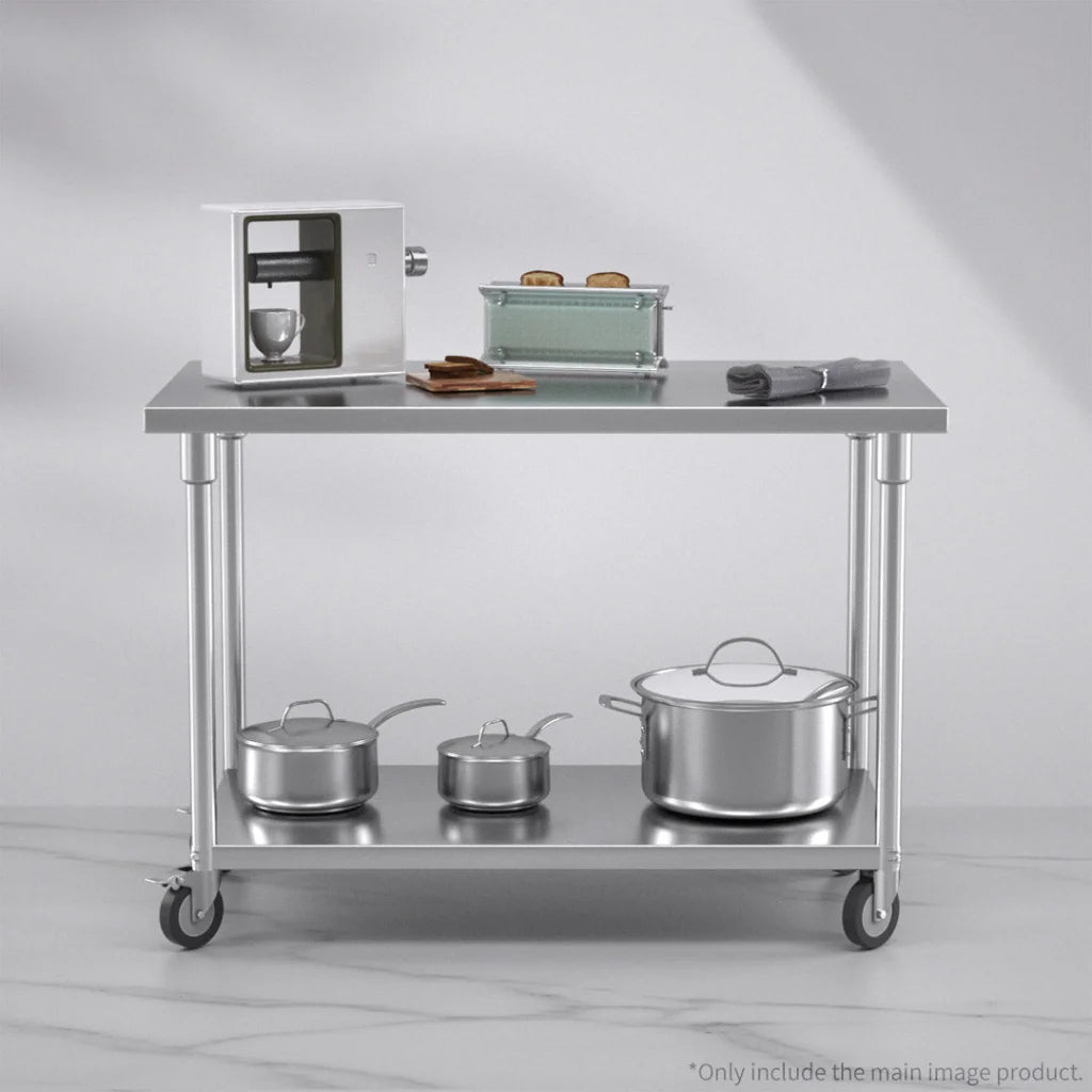 Kitchen Work Bench Premium 120cm Commercial Catering Stainless Steel Prep Table with Wheels