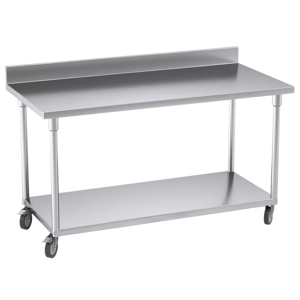 Kitchen Work Bench Premium 150cm Commercial Catering Stainless Steel Prep Table with Backsplash and Caster Wheels