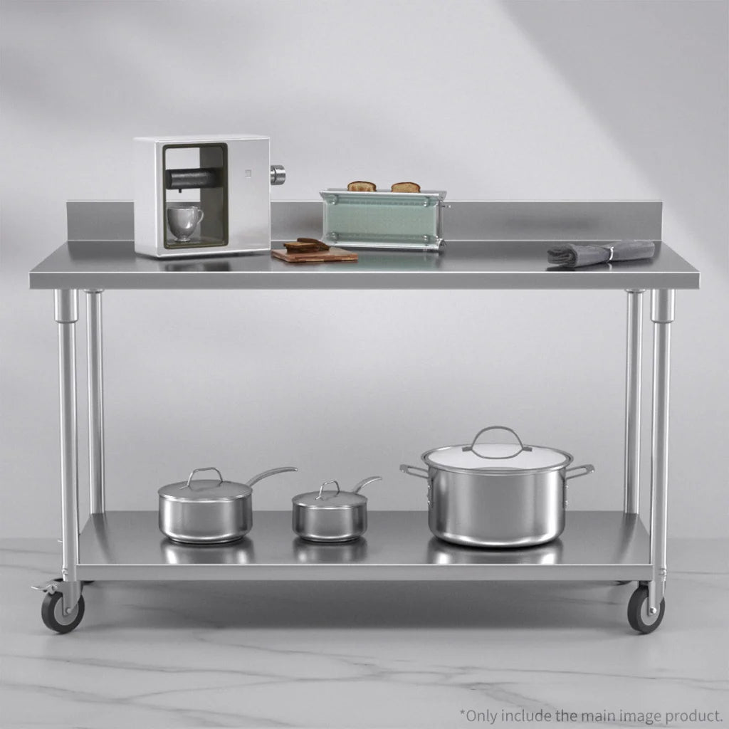 Kitchen Work Bench Premium 150cm Commercial Catering Stainless Steel Prep Table with Backsplash and Caster Wheels