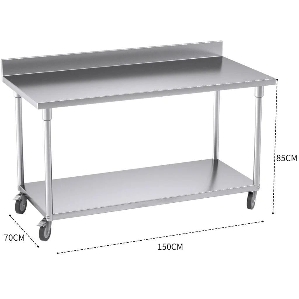 Kitchen Work Bench Premium 150cm Commercial Catering Stainless Steel Prep Table with Backsplash and Caster Wheels