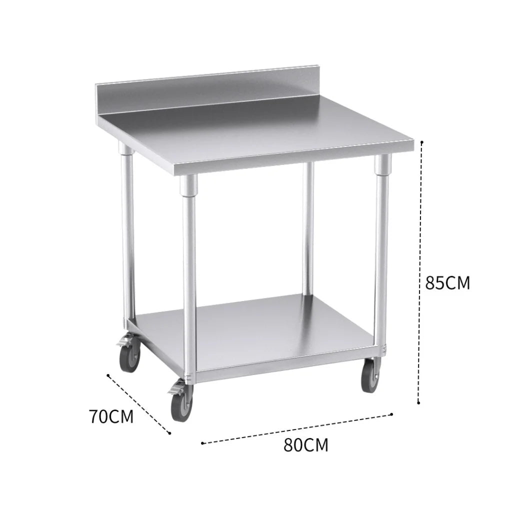 Kitchen Work Bench Premium 80cm Commercial Catering Stainless Steel Prep Table with Backsplash and Caster Wheels