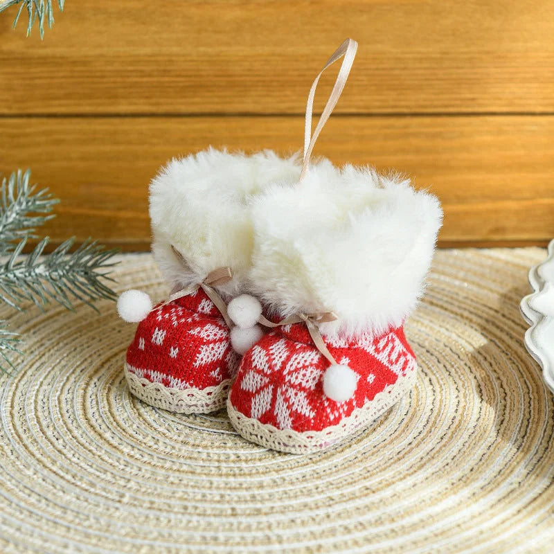Knitted Christmas Boot Ornaments with Faux Fur Trim - Set