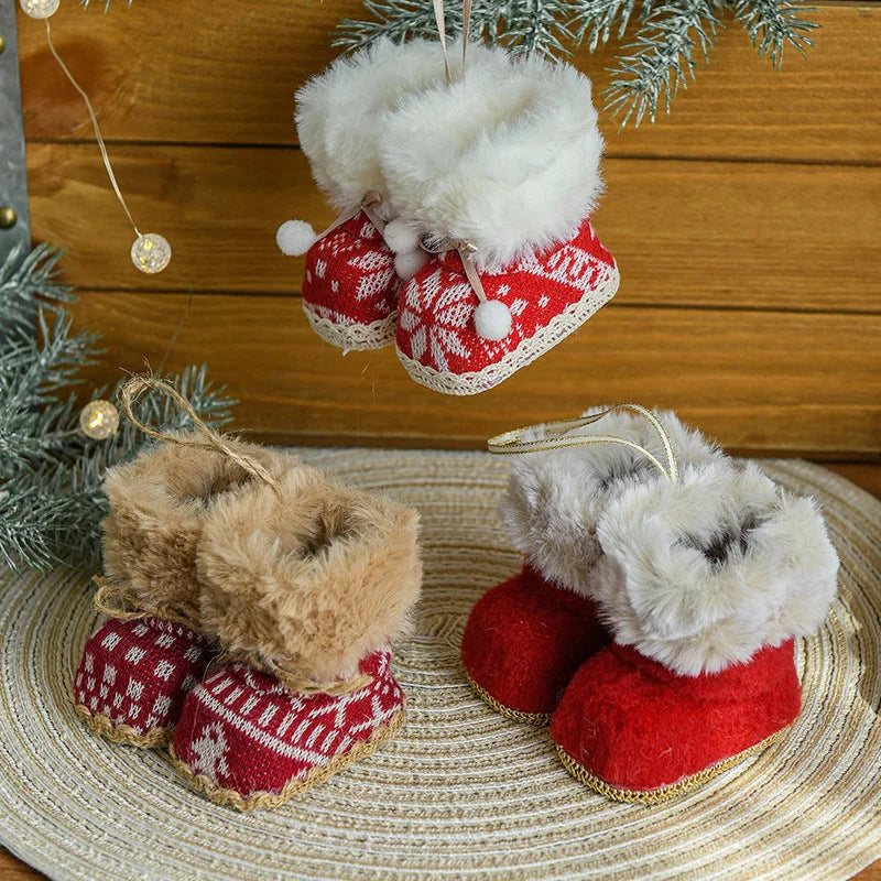 Knitted Christmas Boot Ornaments with Faux Fur Trim - Set