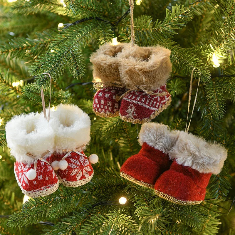 Knitted Christmas Boot Ornaments with Faux Fur Trim - Set