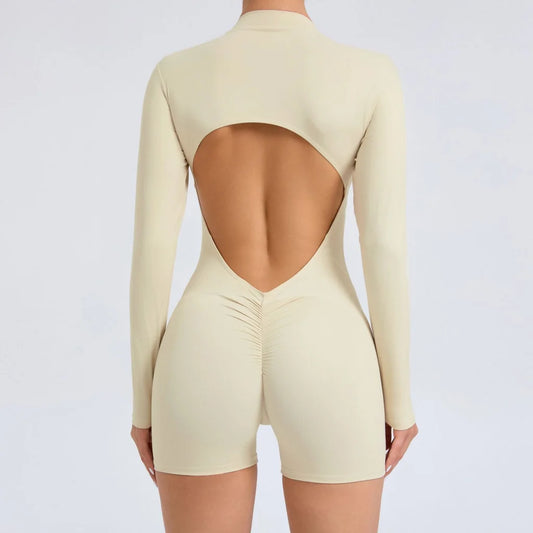 L Beige Backless Scrunch Butt Workout Jumpsuit