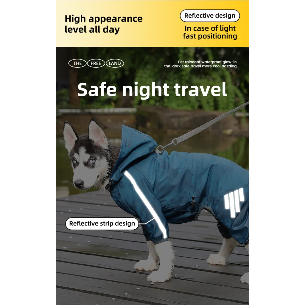 L Blue And Gray Trim Waterproof Four-Legged Dog Raincoat